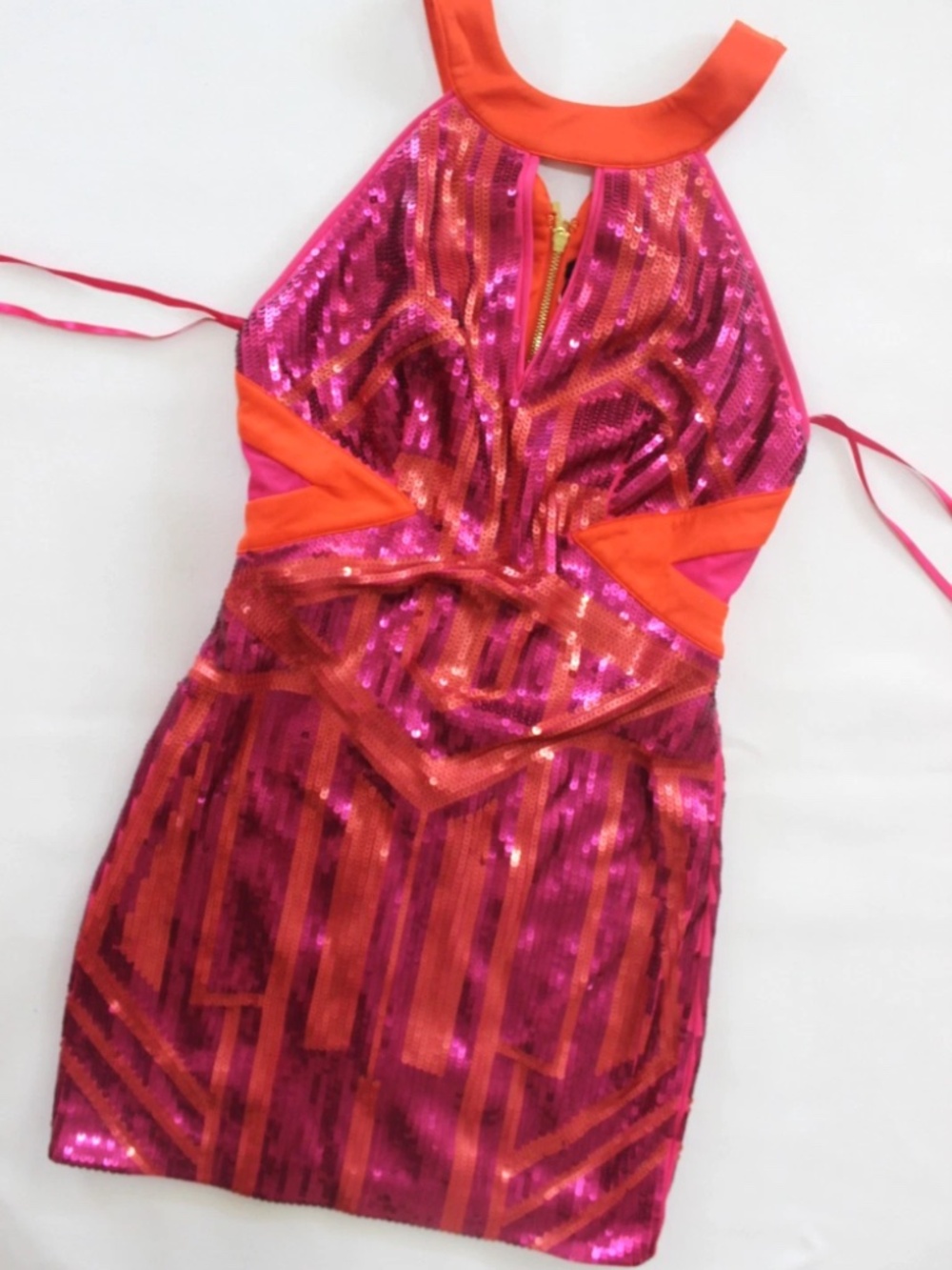 NEW Bebe pink red geo sequin side cutout mesh party top dress cocktail
